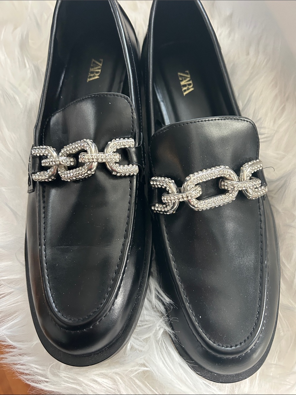 Zara Black Leather Loafers with Crystal Chain Accent